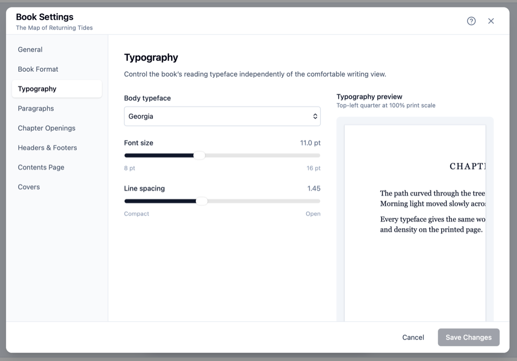 QuireCraft Book Settings open on Typography, showing typeface and spacing controls alongside the page preview