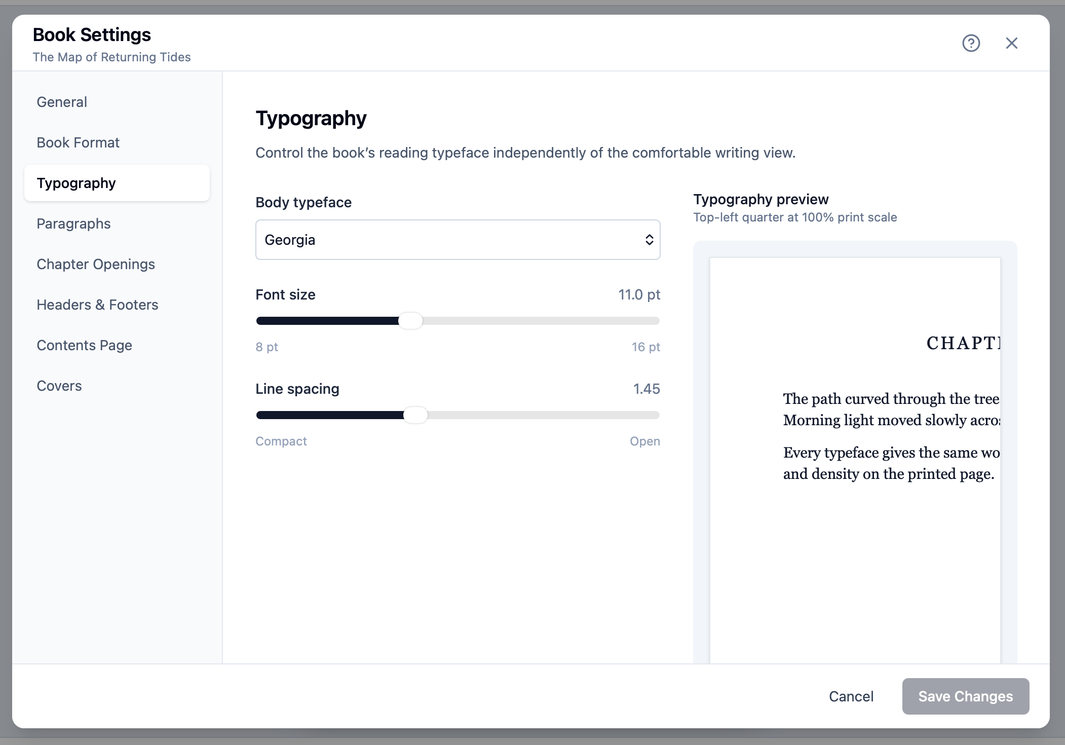QuireCraft Book Settings open on Typography, showing typeface and spacing controls alongside the page preview