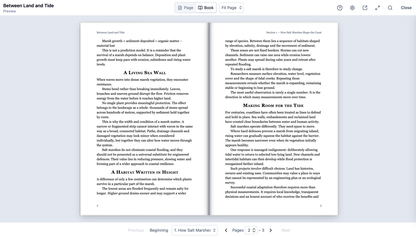 QuireCraft previewing a two-page research publication titled Between Land and Tide