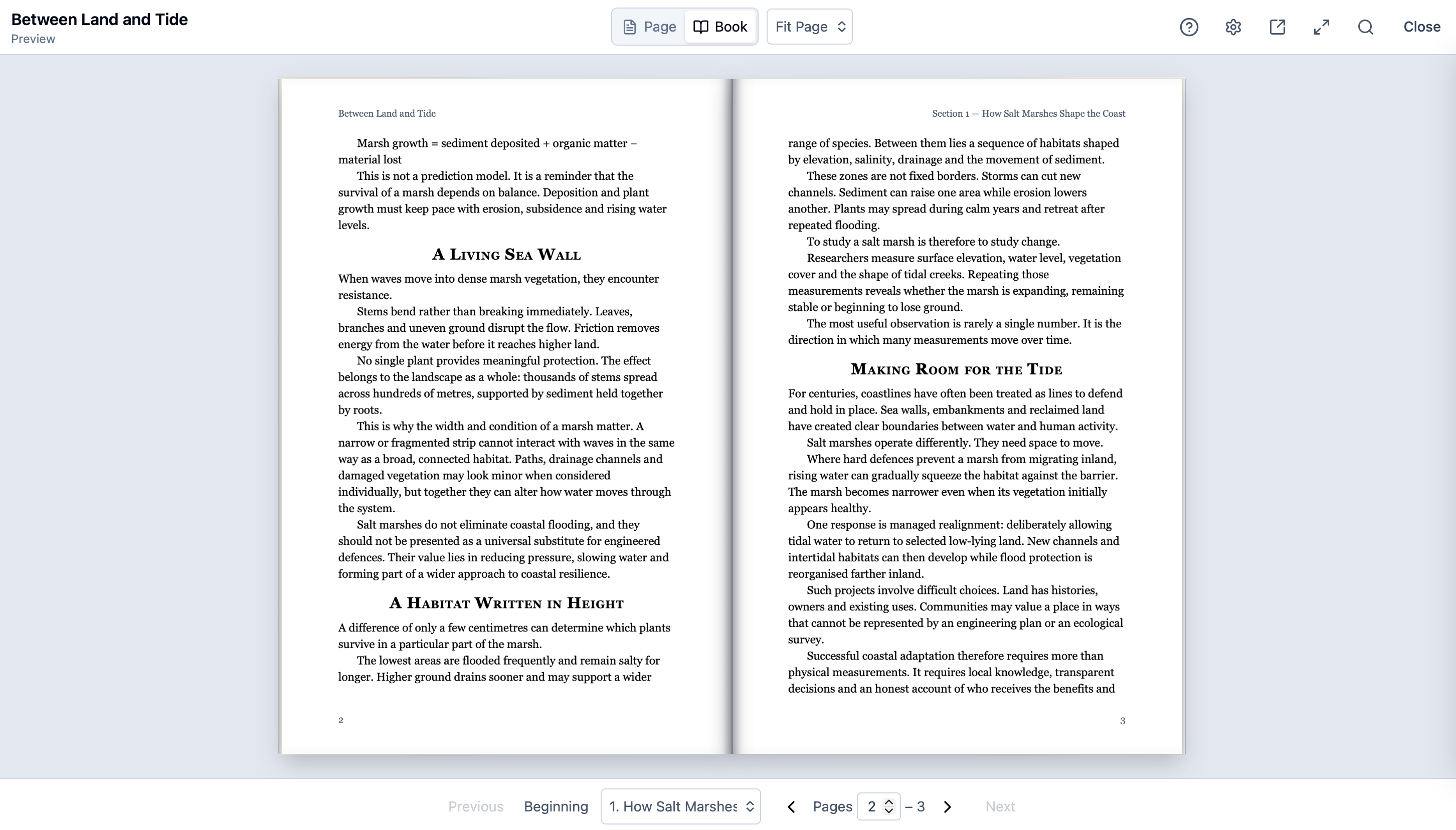 QuireCraft previewing a two-page research publication titled Between Land and Tide