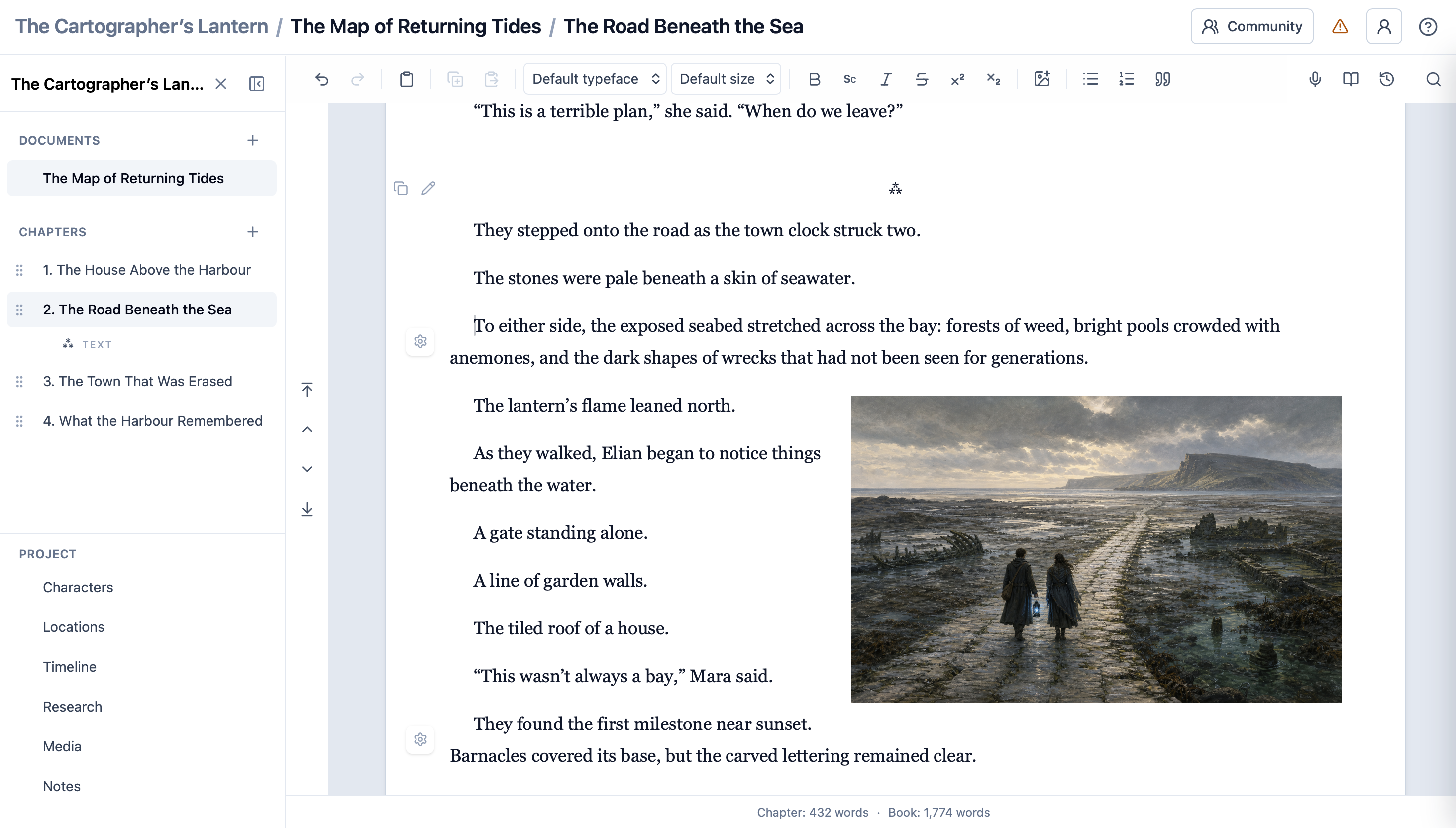 QuireCraft showing The Map of Returning Tides, with its chapters, writing editor and an illustration inside the manuscript
